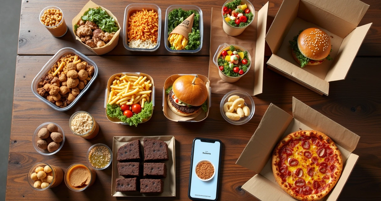 Mesa com várias comidas fáceis para vender apresentadas em embalagens de delivery 