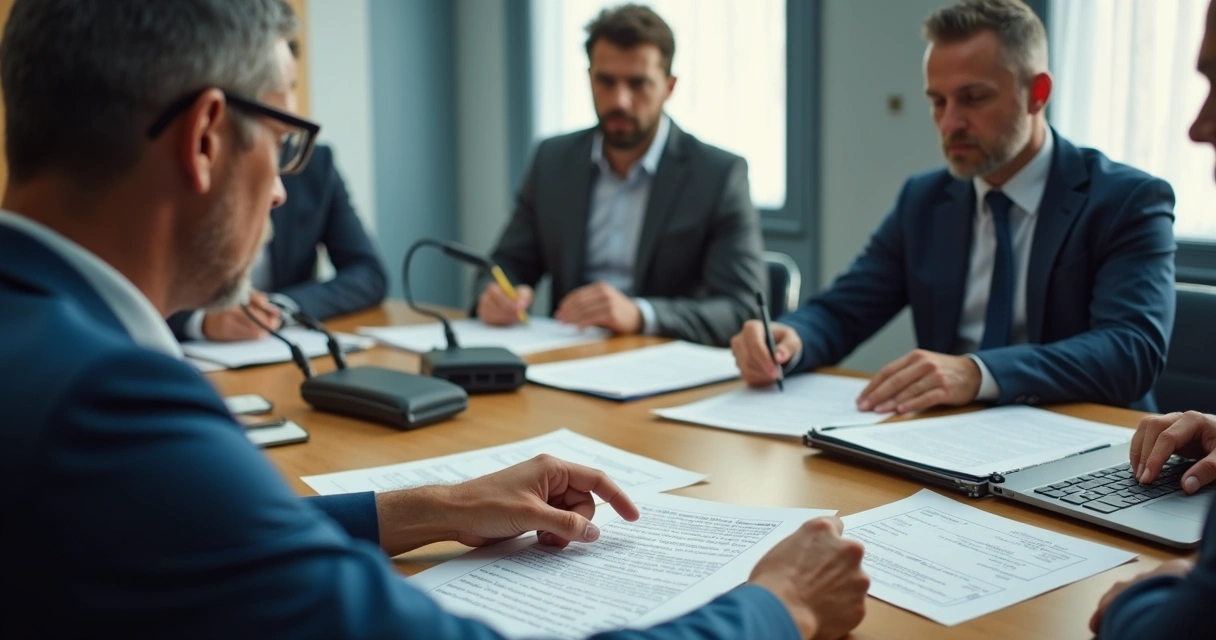 Vereadores e assessores analisando documentos em comissão 