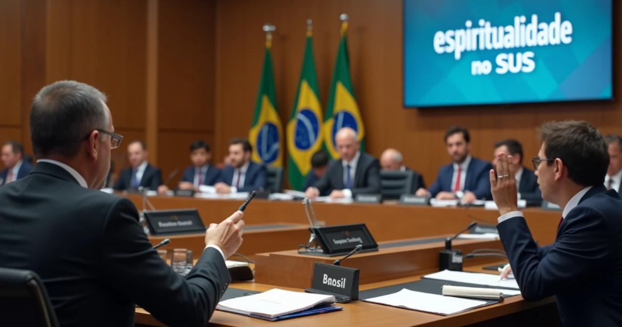 Reunião da comissão de saúde discutindo projeto sobre espiritualidade no SUS 