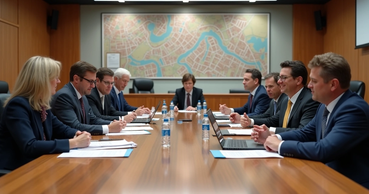 Reunião de comissão legislativa em câmara municipal com vereadores e equipe técnica 