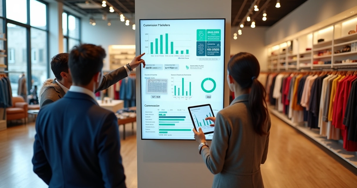 Equipe de vendas de varejo acompanhando painel digital de comissão em loja moderna 