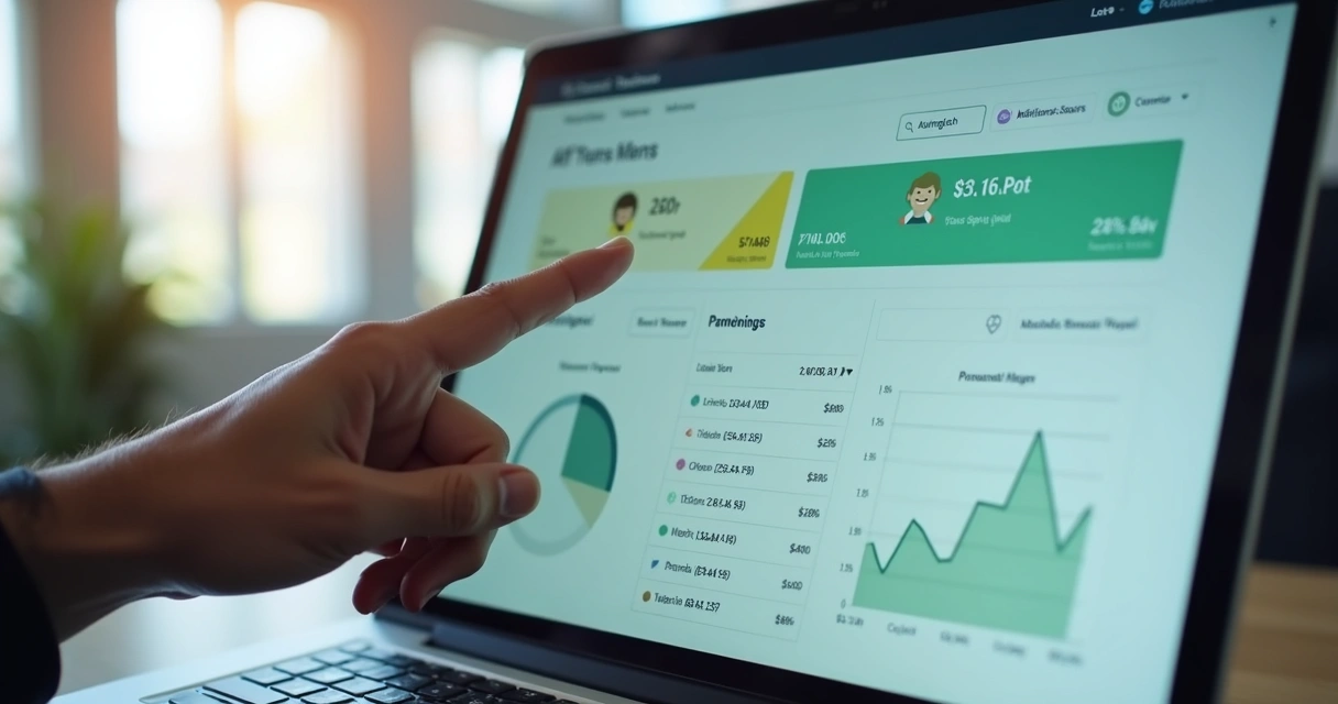 Tela digital mostrando painel de comissões e pagamentos automáticos 