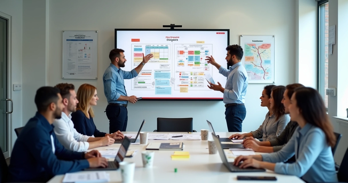 Equipe de campanha reunida em mesa planejando estratégias eleitorais com computadores e papéis 