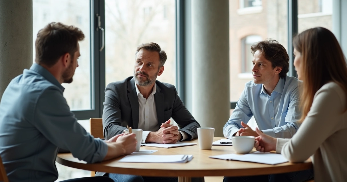 Grupo de pessoas reunido em torno de uma mesa, discutindo e avaliando decisões importantes 