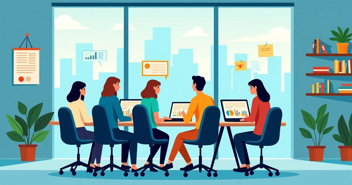 Reunião de trabalho de equipe de comitê digital em sala moderna, pessoas em volta de notebooks analisando gráficos