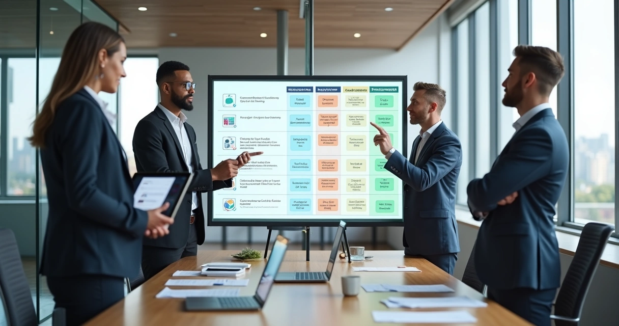 Comitê corporativo analisando opções de plataforma de treinamento em um quadro digital 