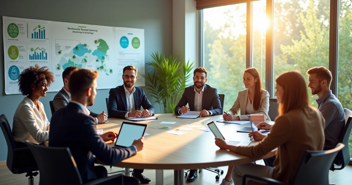 Comitê ESG com pessoas de diferentes áreas reunidas em uma mesa redonda 
