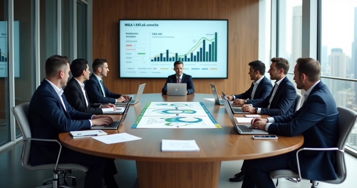 Conselho executivo reunido em mesa redonda com gráficos financeiros projetados na parede 