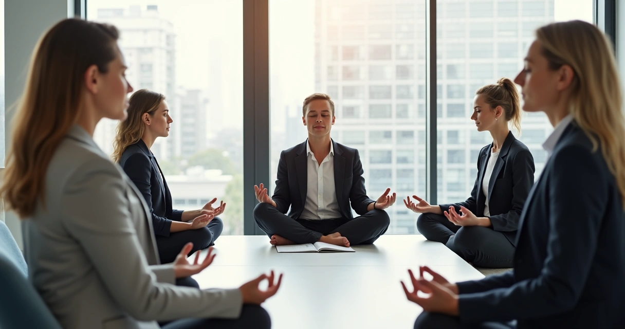 Grupo de profesionales en una sala de reuniones realizando meditación guiada. 