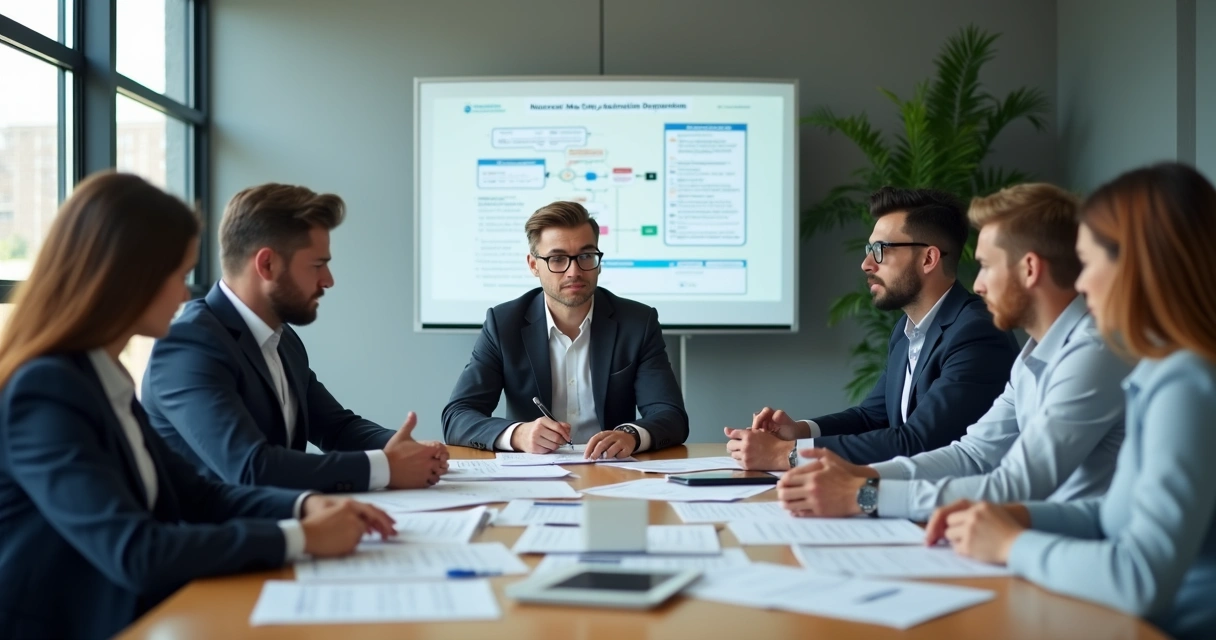 Reunião corporativa com equipe multidisciplinar analisando documentos 