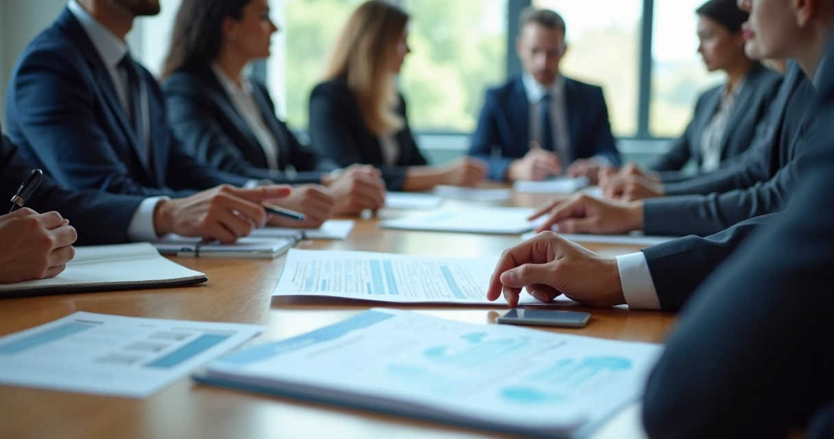 Comité institucional reunido revisando documentos de ética y transparencia 