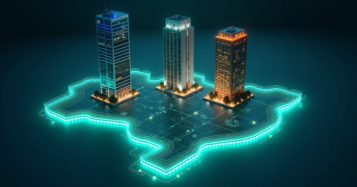Prédios governamentais conectados por linhas luminosas sobre mapa do Brasil 