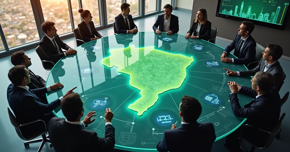 Sala de reunião moderna com mesa redonda exibindo mapa do Brasil com ícones de tributos 