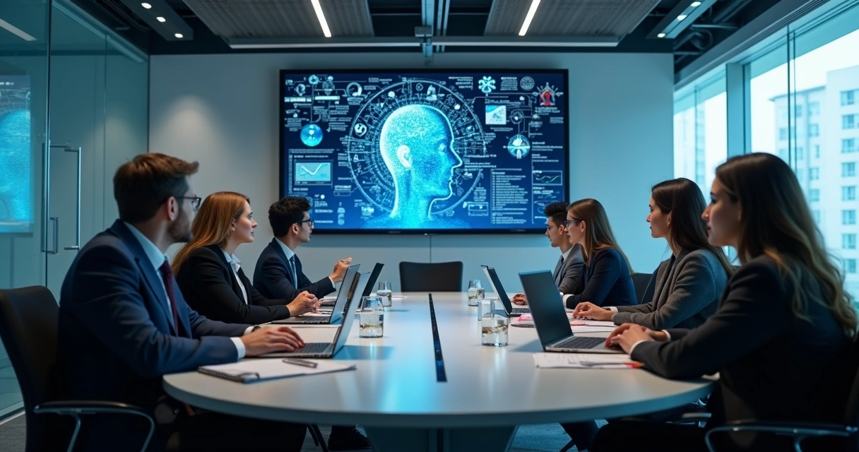 Reunião entre áreas como TI, jurídico e compliance em volta de mesa moderna 