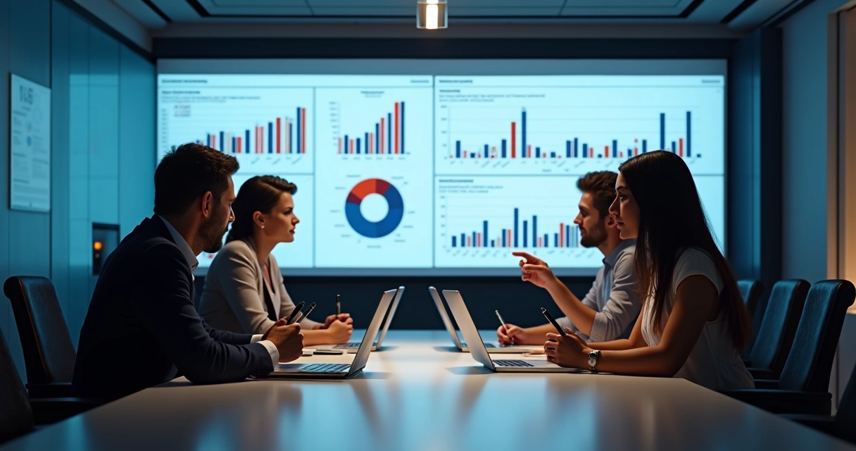 Membros de comitês e investidores analisando gráficos de capital humano 