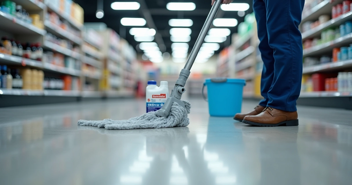 Commercial epoxy floor being cleaned with a neutral pH solution 