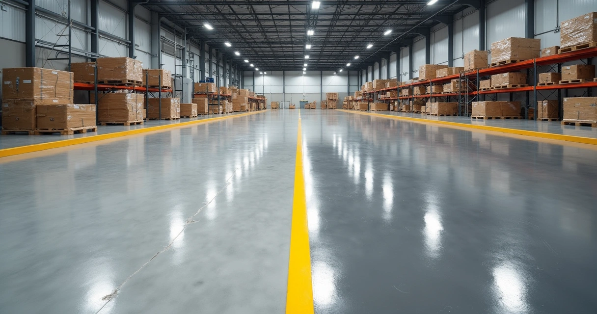 Side-by-side comparison of commercial concrete floors coated with epoxy and paint in a spacious industrial setting 