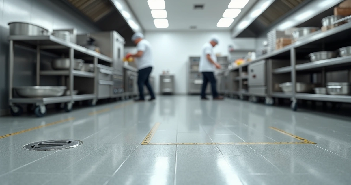 Epoxy floor in a commercial kitchen with staff preparing food 