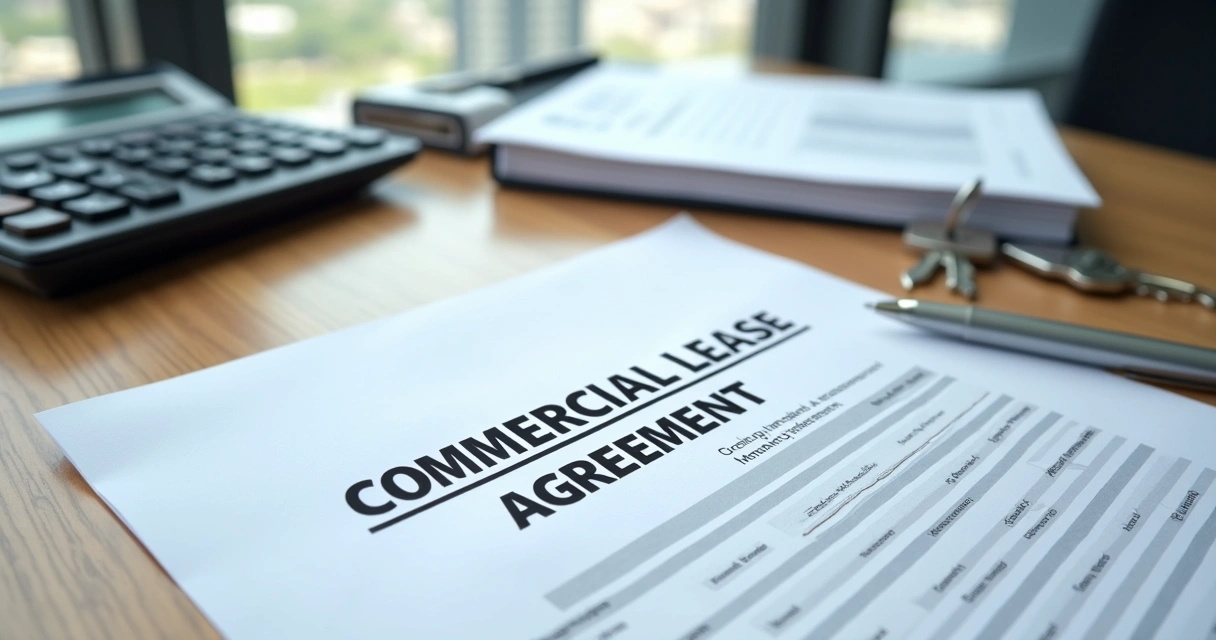 Commercial lease documents and office keys on a desk