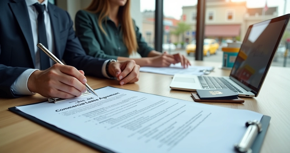Attorney reviewing commercial lease with immigrant entrepreneur over business plan draft