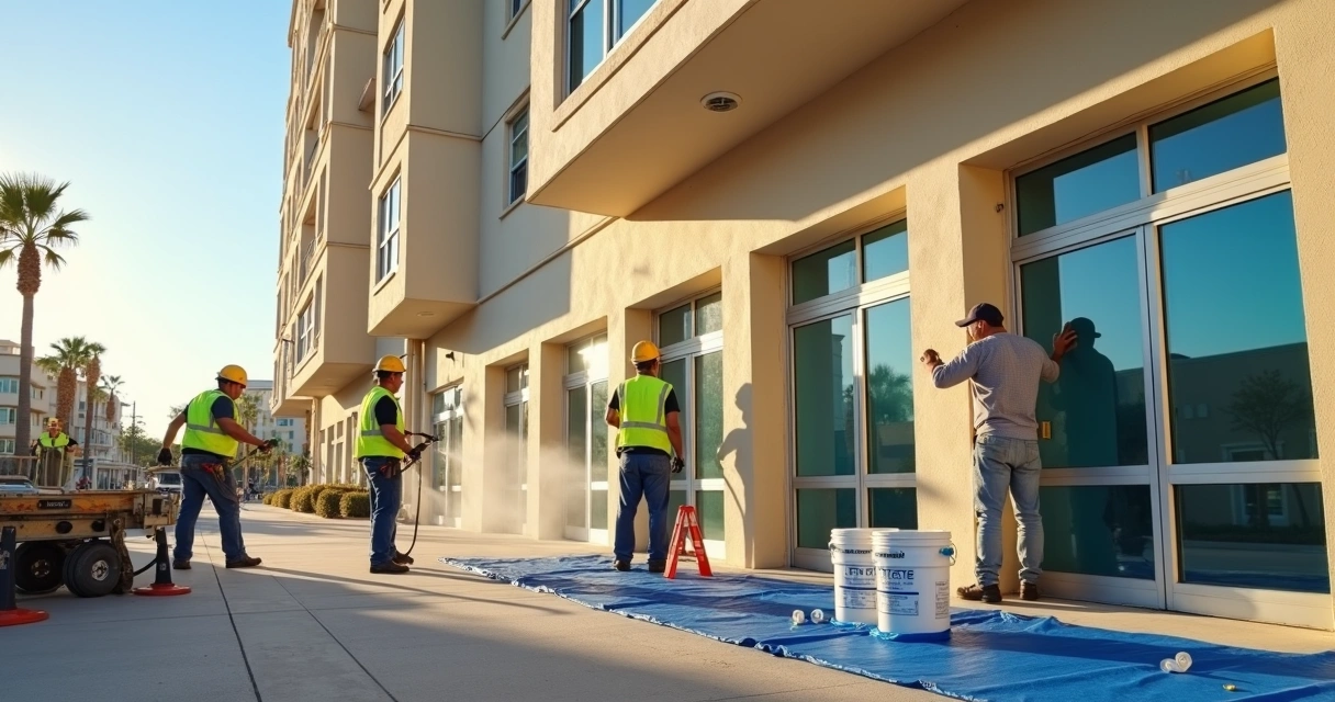 Crew pressure washing a commercial building facade before exterior painting 