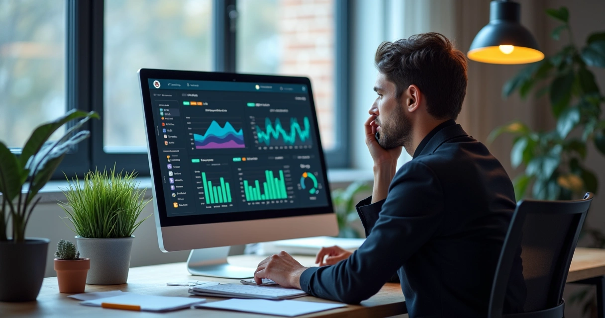 Representante comercial analisando dados no computador enquanto fala ao telefone. 