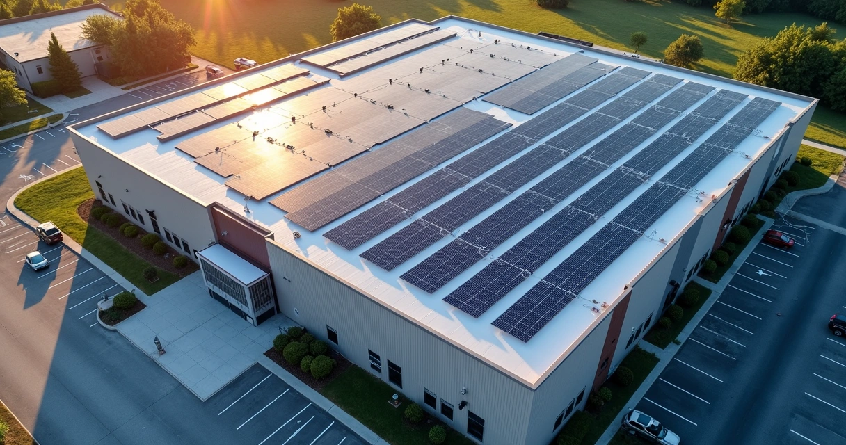 Aerial view of a commercial rooftop with clear solar panel zones 