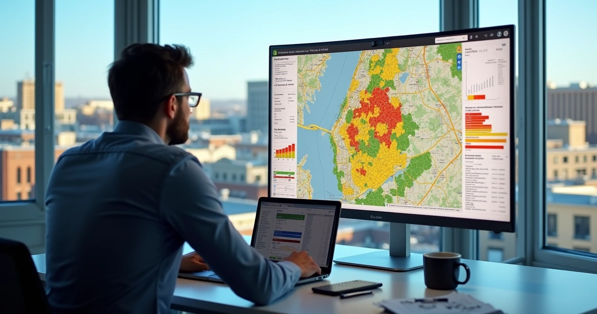 Sales manager analyzing commercial solar lead segmentation on a digital map dashboard 