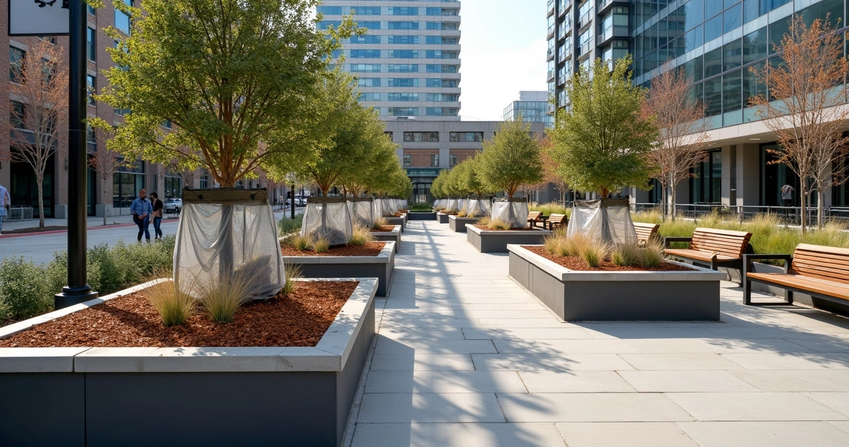 Urban commercial garden with frost cloth and mulch, Austin winter