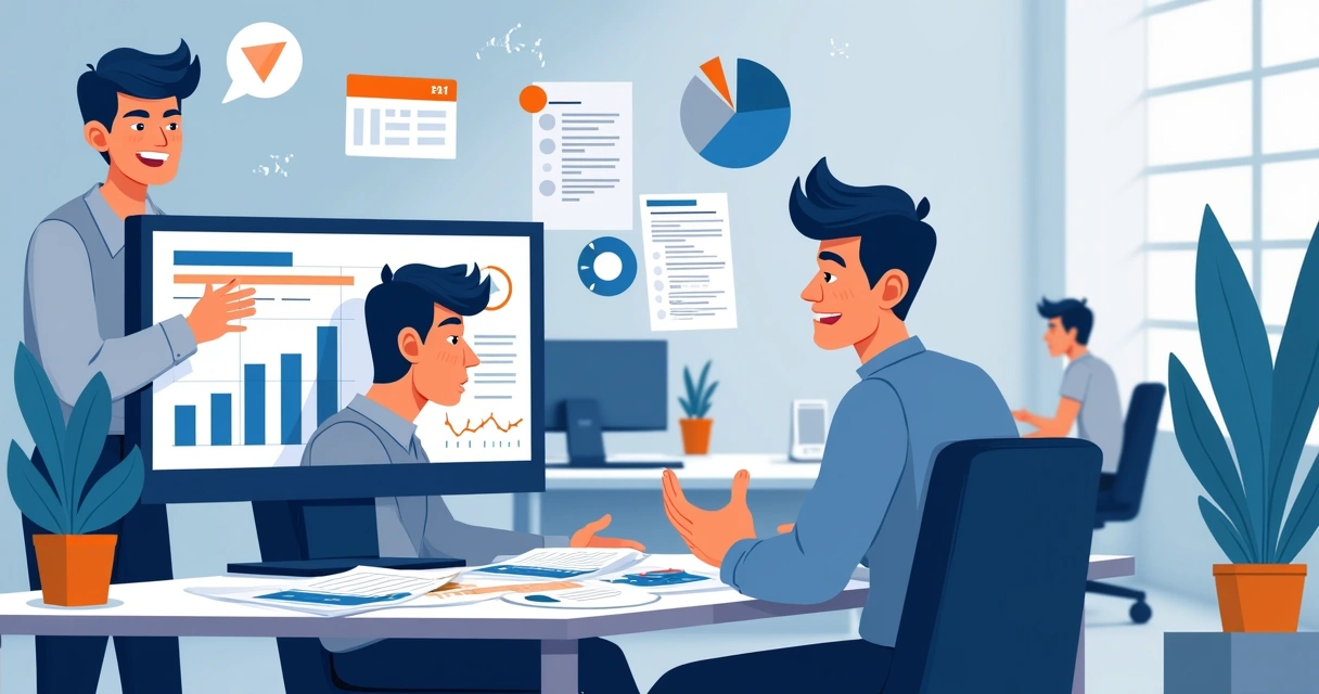 Overwhelmed office worker with papers and Excel sheets representing commission errors. 