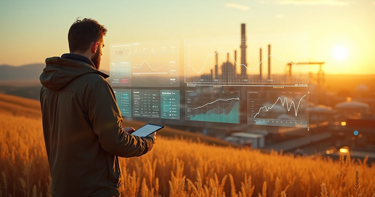 Commodity analyst with transparent price charts over farmland and oil refinery 