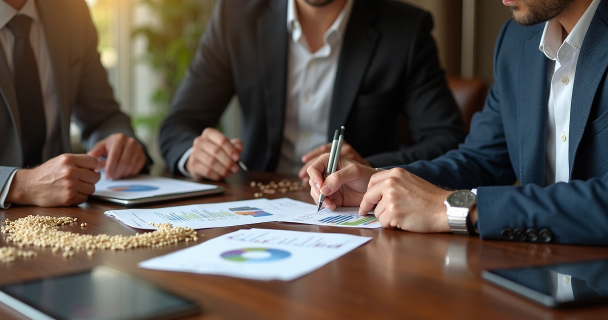 Two business people negotiating commodity contracts at a table with coffee beans and crop samples. 