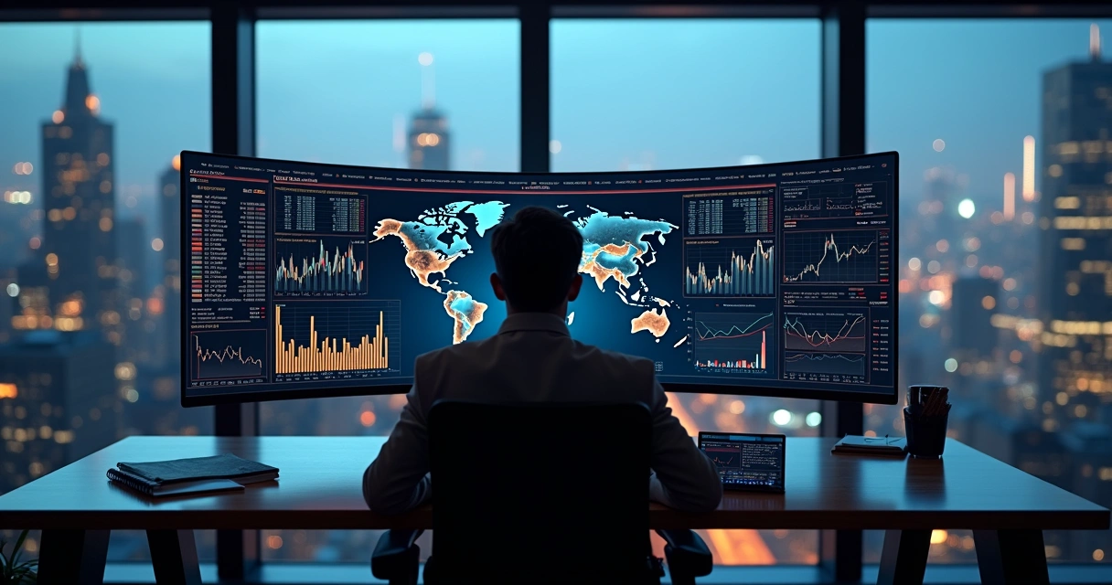 Global commodities icons over a digital trading dashboard for risk management 