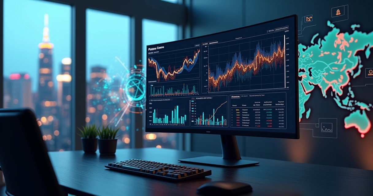 Digital commodities trading dashboard overlayed on global markets and raw materials 