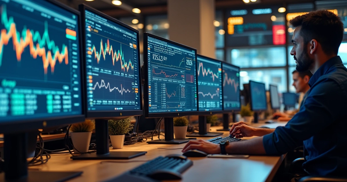 Commodity trading room with multiple screens showing MtM and P&L charts