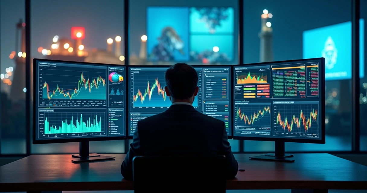 Corporate treasurer analyzing commodities price risk on a multi-screen digital dashboard 