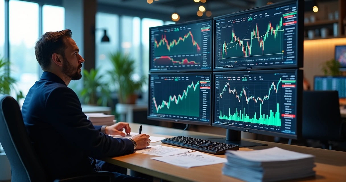 Commodities trader reviewing risk graphs and futures curves 
