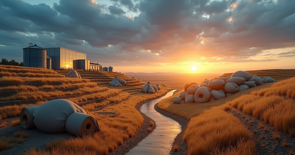 Commodities stacked in landscape with financial charts in the sky 