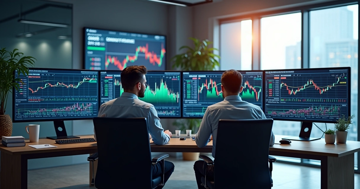 Traders analyzing contracts and charts at a modern financial desk 