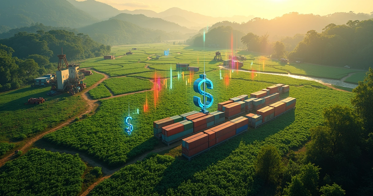 Aerial view of coffee and soybean plantations with shipping containers and currency symbols overlapped