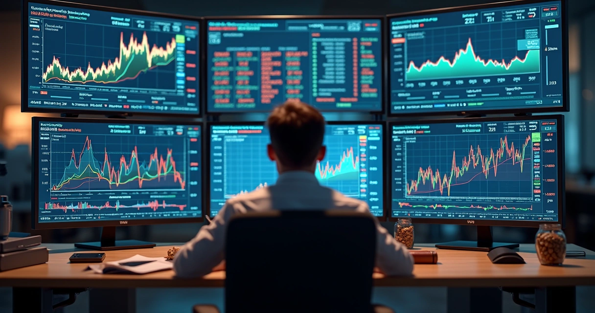 Financial analyst looking at multimonitor commodity risk dashboards