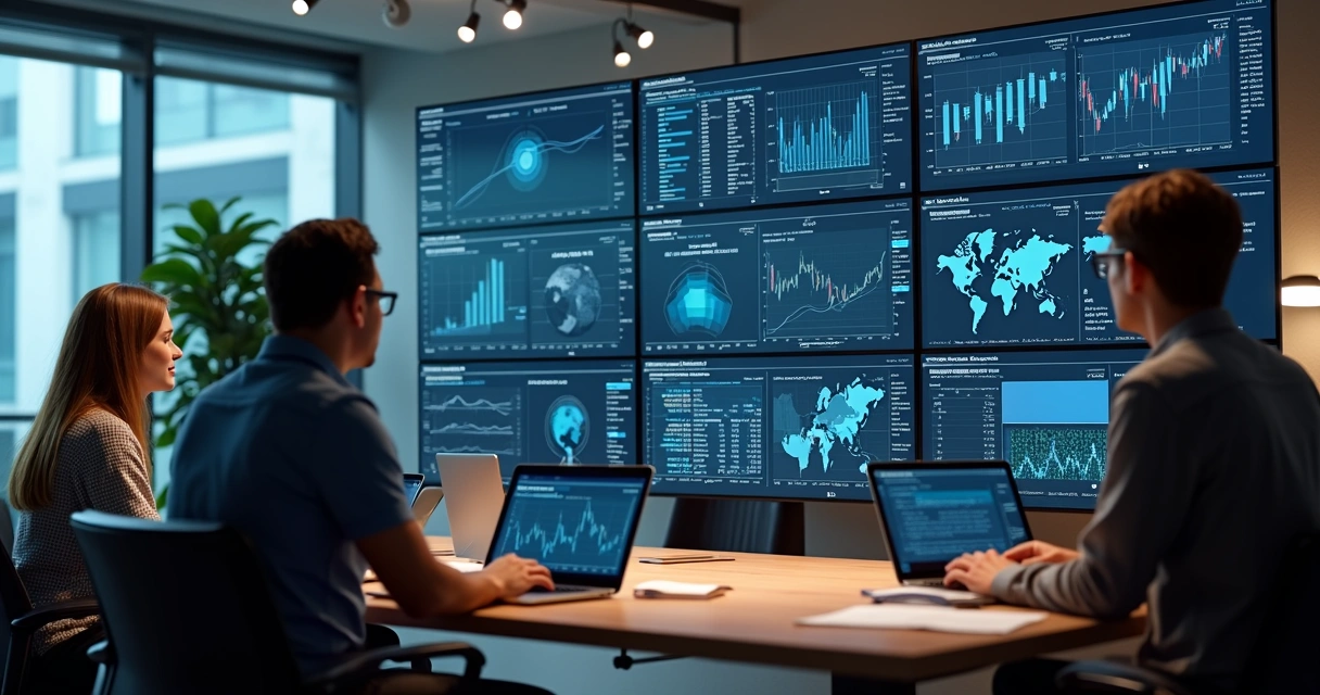 Team analyzing commodity risk strategy with digital workstations and financial charts. 