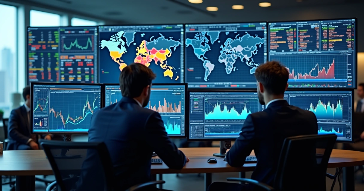 People looking at monitors with commodity trade analytics 
