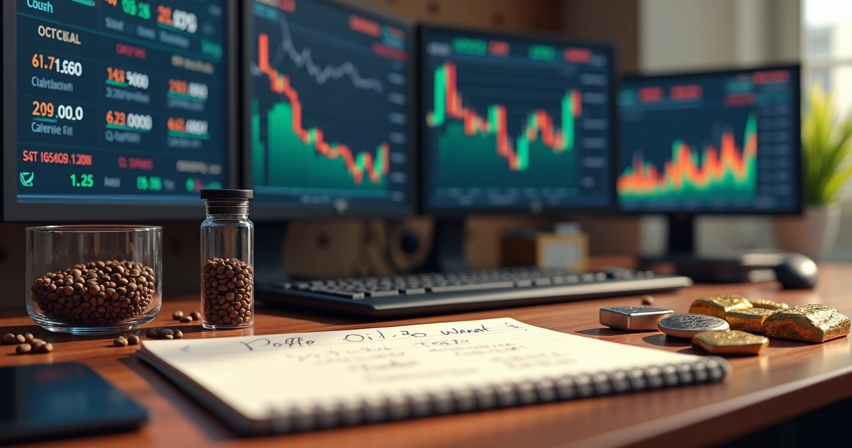 Trader desk with coffee, oil, and financial charts
