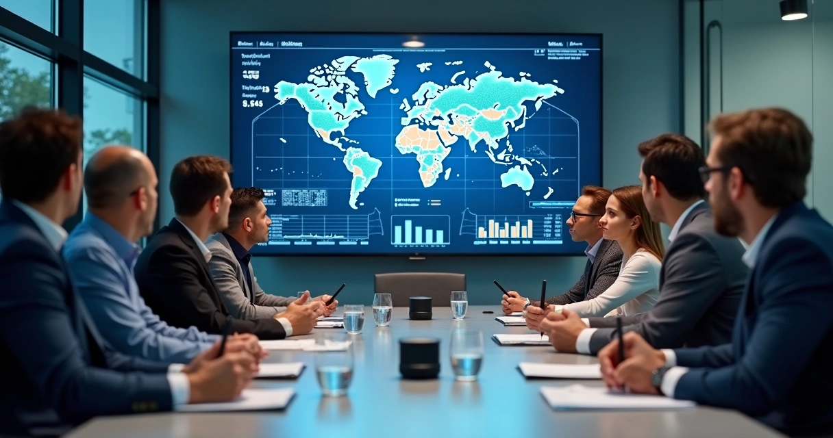 Diverse business team reviewing a commodity risk dashboard together. 