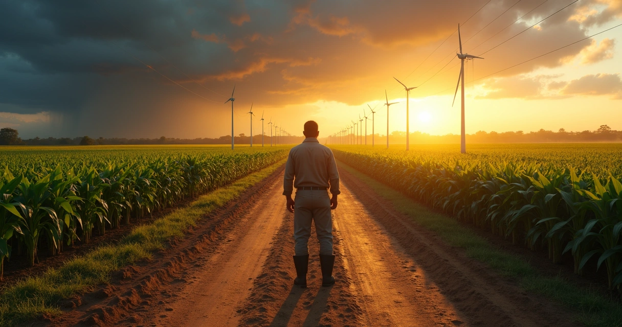 Farmer standing at forked dirt road between calm and stormy commodity markets 