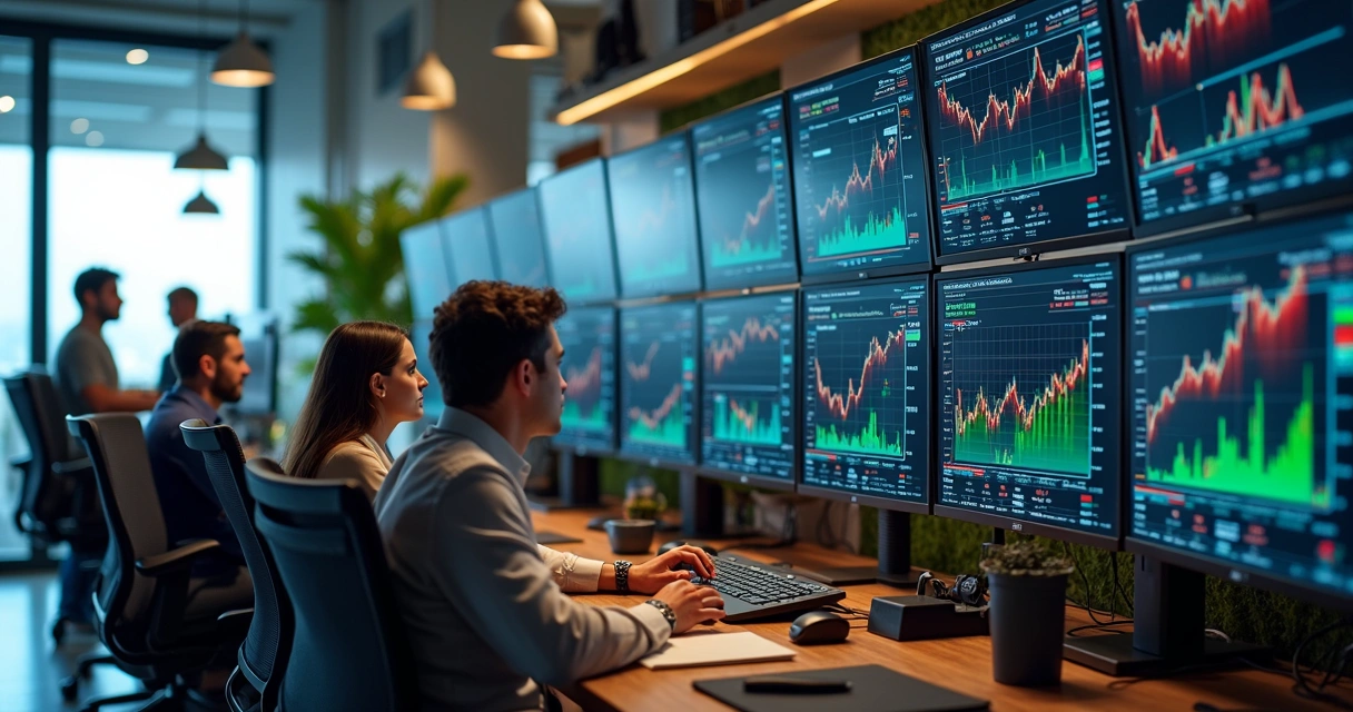 Commodity market desk with trading screens and analytics