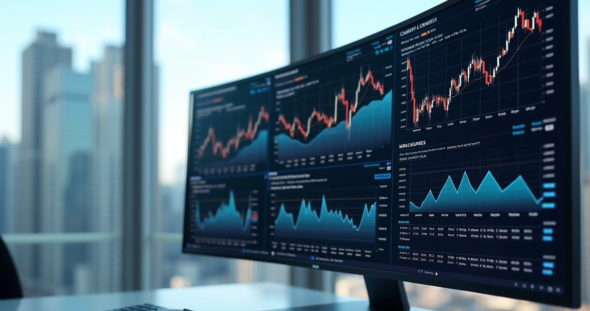 A digital dashboard showing commodity risk analytics: volatility surfaces and position reports. 