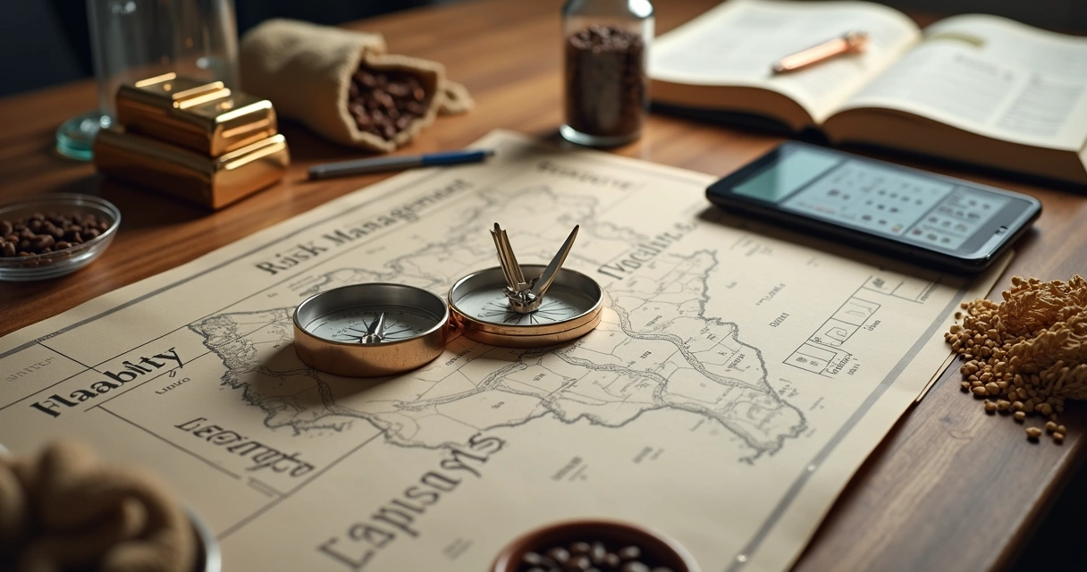 Financial compass and commodity icons over risk map 