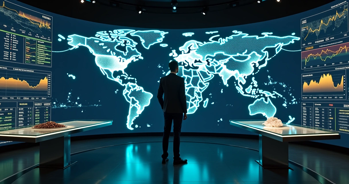 Commodity risk strategist overseeing global agro supply routes on digital wall map. 